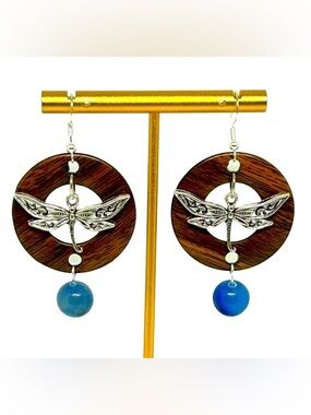 Handmade Sterling Silver & Wooden Pendant Dragonfly Statement Earrings!